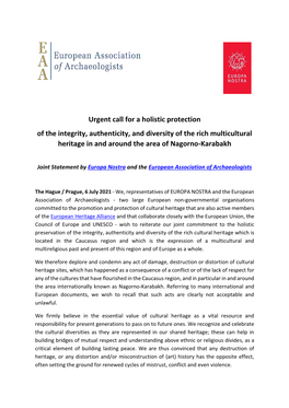 Urgent Call for a Holistic Protection of the Integrity, Authenticity, and Diversity of the Rich Multicultural Heritage in and Around the Area of Nagorno-Karabakh