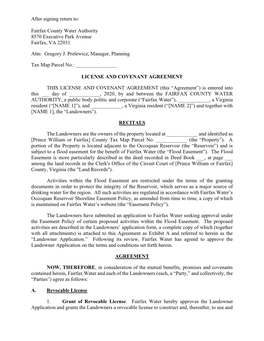 Occoquan Reservoir License and Covenant Agreement-Private Owner