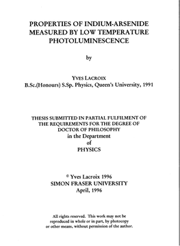 Properties of Indium-Arsenide Measured by Low Temperature Photoluminescence