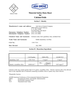 Material Safety Data Sheet for Calcium Oxide ------Section I - Identity