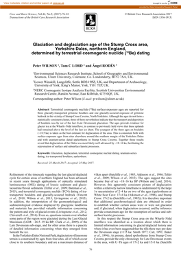 Glaciation and Deglaciation Age of the Stump Cross Area, Yorkshire Dales, Northern England, Determined by Terrestrial Cosmogenic Nuclide (10Be) Dating