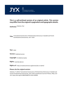 Transnational Constructors of Parliamentary Democracy in Swedish and Finnish Constitutional Controversies, 1917–1919