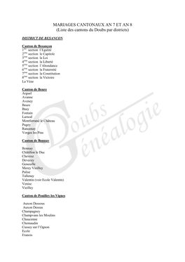 MARIAGES CANTONAUX an 7 ET an 8 (Liste Des Cantons Du Doubs Par Districts)