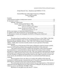 Armored Dinosaurs of the Upper Cretaceous of Mongolia Family Ankylosauridae E.A