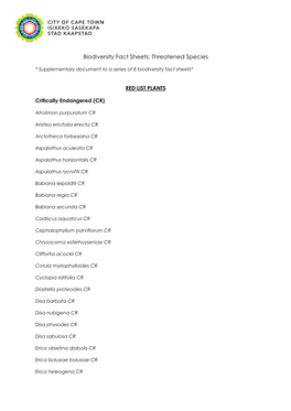 Biodiversity Fact Sheets: Threatened Species