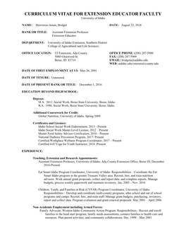 CURRICULUM VITAE for EXTENSION EDUCATOR FACULTY University of Idaho