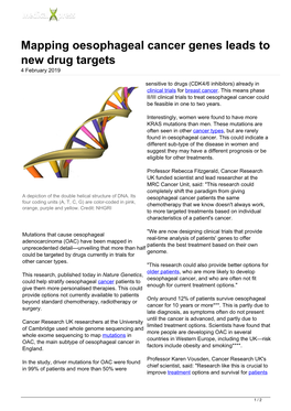 Mapping Oesophageal Cancer Genes Leads to New Drug Targets 4 February 2019