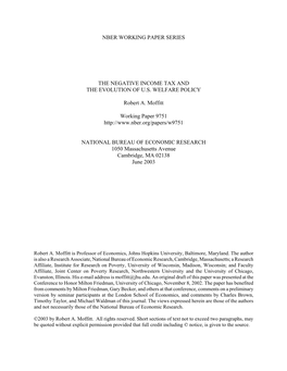 The Negative Income Tax and the Evolution of US Welfare Policy