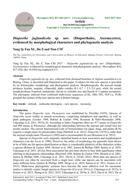 Diaporthe Juglandicola Sp. Nov. (Diaporthales, Ascomycetes), Evidenced by Morphological Characters and Phylogenetic Analysis Ar