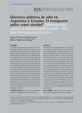 Discursos Políticos De Odio En Argentina Y Ecuador. El Inmigrante Pobre Como Otredad*/ Political Hate Speech in Argentina and E
