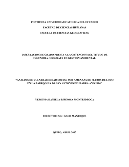 Pontificia Universidad Catolica Del Ecuador Facutad De Ciencias Humanas Escuela De Ciencias Geograficas Disertacion De Grado