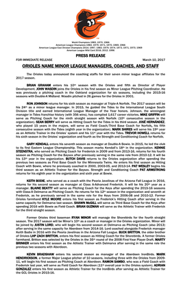 Orioles Name Minor League Managers, Coaches, and Staff