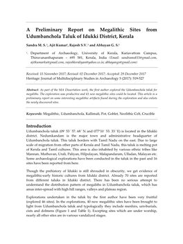 A Preliminary Report on Megalithic Sites from Udumbanchola Taluk of Idukki District, Kerala