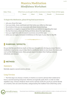 Mantra Meditation Mindfulness Worksheet