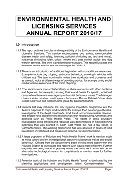 Environmental Health and Licensing Services Annual Report 2016/17