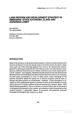 Land Reform and Development Strategy in Zimbabwe: State Autonomy, Class and Agrarian Lobby