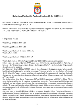 DETERMINAZIONE DEL DIRIGENTE SERVIZIO PROGRAMMAZIONE ASSISTENZA TERRITORIALE E PREVENZIONE 13 Maggio 2014, N