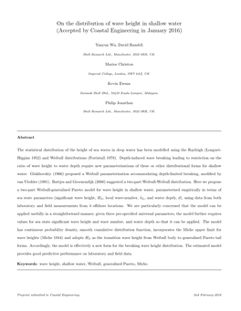 On the Distribution of Wave Height in Shallow Water (Accepted by Coastal Engineering in January 2016)