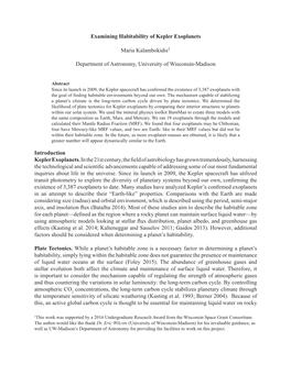 Examining Habitability of Kepler Exoplanets Maria Kalambokidis¹