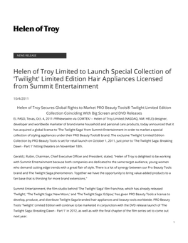 Helen of Troy Limited to Launch Special Collection of 'Twilight' Limited Edition Hair Appliances Licensed from Summit Entertainment