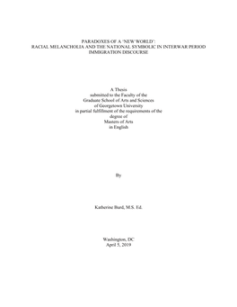 Racial Melancholia and the National Symbolic in Interwar Period Immigration Discourse