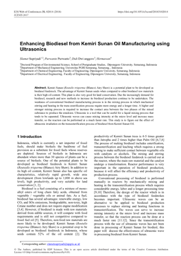 Enhancing Biodiesel from Kemiri Sunan Oil Manufacturing Using Ultrasonics