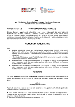 BANDO Per L’Attribuzione Di Contributi Del Fondo Per Il Sostegno All’Accesso Alle Abitazioni in Locazione 2019 E 2020