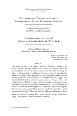 “Perverting the Taste of the People”: Lăutari and the Balkan Question in Romania ______