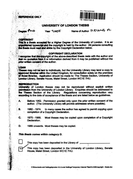 UNIVERSITY of LONDON THESIS This Thesis Comes Within Category D