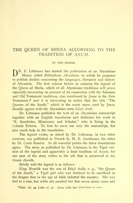 The Queen of Sheba According to the Tradition of Axum