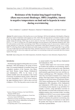 Rana Macrocnemis Boulenger, 1885) (Amphibia, Anura) to Negative Temperatures on Land and to Hypoxia in Water During Overwintering