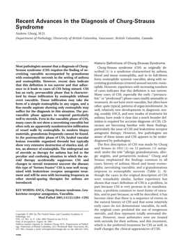 Recent Advances in the Diagnosis of Churg-Strauss Syndrome Andrew Churg, M.D