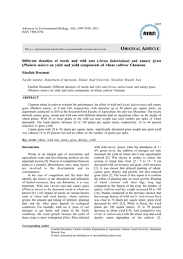 Different Densities of Weeds and Wild Oats (Avena Ludoviciana) and Canary Grass (Phalaris Minor) on Yield and Yield Components of Wheat Cultivar Chamran