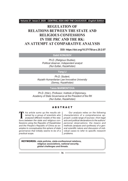 Regulation of Relations Between the State and Religious Confessions in the Prc and the Rk: an Attempt at Comparative Analysis