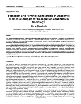 Feminism and Feminist Scholarship in Academe: Women’S Struggle for Recognition Continues in Sociology