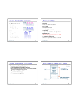 (Stack) Frame MIPS Call-Return Linkage: Stack Frames