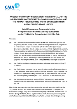 Initial Enforcement Order Made by the Competition and Markets Authority Pursuant to Section 72(2) of the Enterprise Act 2002 (The Act)