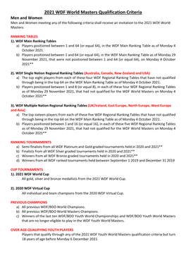 2021 WDF World Masters Qualification Criteria