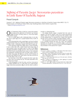 Sighting of Parasitic Jaeger Stercorarius Parasiticus in Little Rann of Kachchh, Gujarat Prasad Ganpule