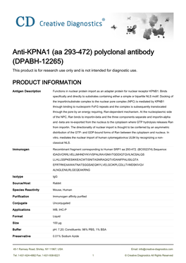 Anti-KPNA1 (Aa 293-472) Polyclonal Antibody (DPABH-12265) This Product Is for Research Use Only and Is Not Intended for Diagnostic Use