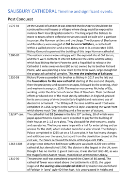 SALISBURY CATHEDRAL Timeline and Significant Events. Post Conquest