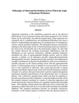 Philosophy of Mind and the Problem of Free Will in the Light of Quantum Mechanics