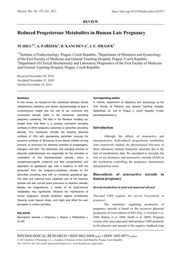 Reduced Progesterone Metabolites in Human Late Pregnancy