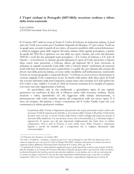 I Vespri Siciliani in Portogallo (1857-1863): Recezione Verdiana E Rifiuto Della Storia Nazionale