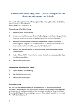 Niederschrift Der Sitzung Vom 17. Juli 2020 Im Großen Saal Des Gemeindehauses Von Bubach