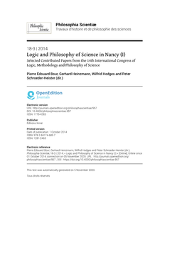 Philosophia Scientiæ, 18-3 | 2014, « Logic and Philosophy of Science in Nancy (I) » [Online], Online Since 01 October 2014, Connection on 05 November 2020