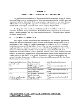 This Document Is Not a Contract, Expressed Or Implied. Employment Is At-Will. Chapter Vi Employee Leave and Time Away from Work