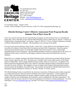 Oberlin Heritage Center's Historic Amusement Park Program Recalls