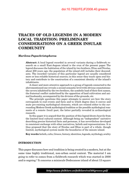 Traces of Old Legends in a Modern Local Tradition: Preliminary Considerations on a Greek Insular Community