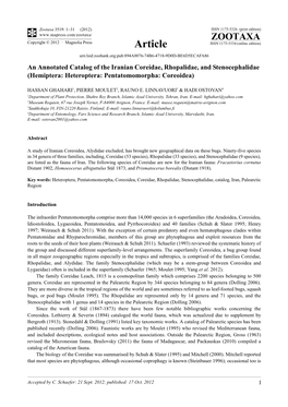 An Annotated Catalog of the Iranian Coreidae, Rhopalidae, and Stenocephalidae (Hemiptera: Heteroptera: Pentatomomorpha: Coreoidea)